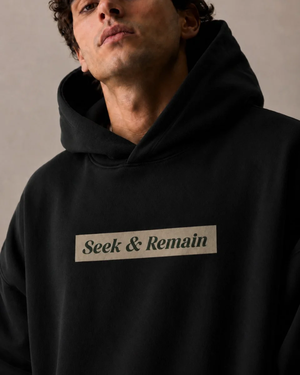 Seek & Remain box-logo hoodie, applied print